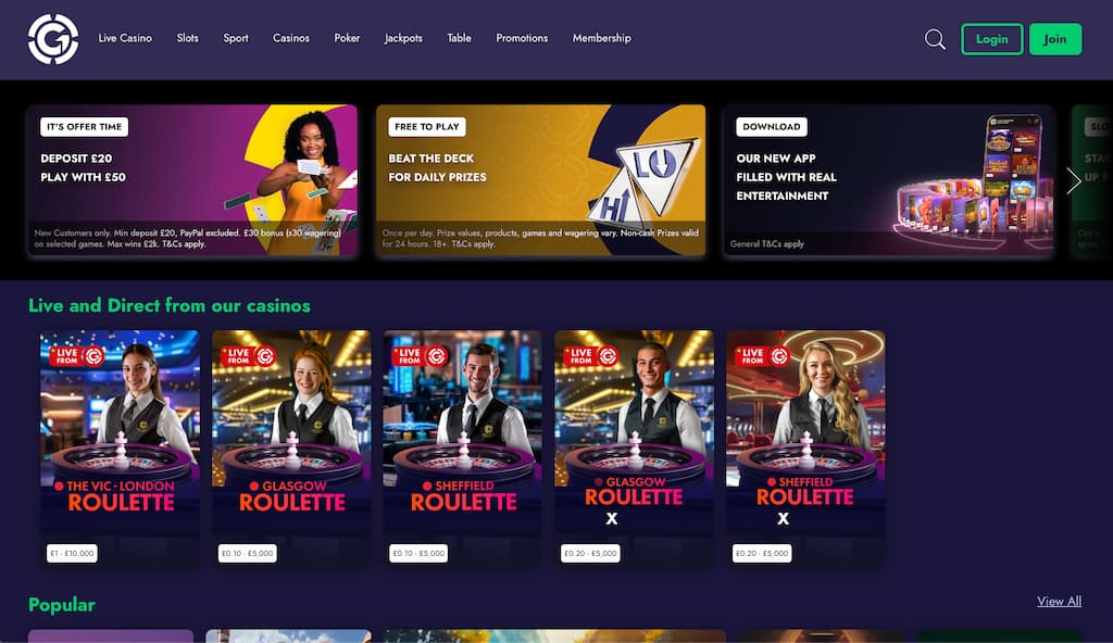 Grosvenor casinos front page